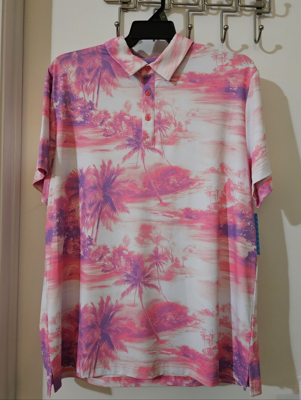 Birdie Bound Golf Polo Shirt Mens XL NWT Knockout Pink Tropical Palm Tree Print
